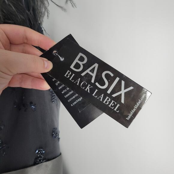 Basix Charcoal Feather Trim Sequin Sleeveless A Line Gown 6 - Picture 12 of 16